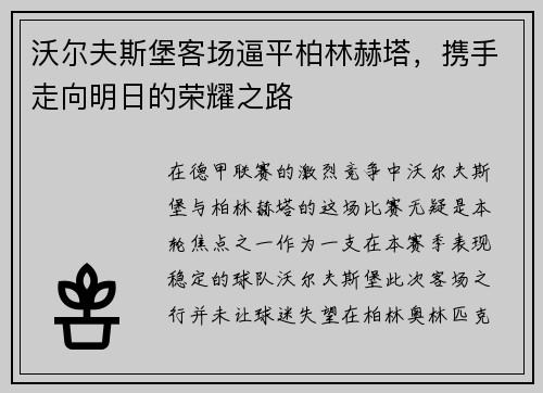 沃尔夫斯堡客场逼平柏林赫塔，携手走向明日的荣耀之路